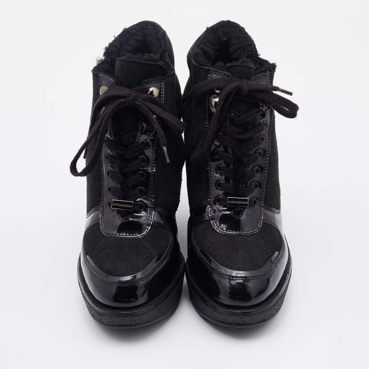 Pre Owned Burberry Black Suede and Patent Leather Wedge Platform Sneakers Size 39