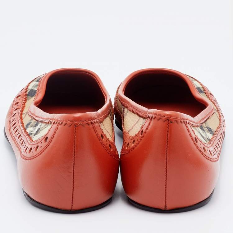Pre Owned Burberry Multicolor Brogue Leather and Haymarket Check Canvas Tudor Ballet Flats Size 38
