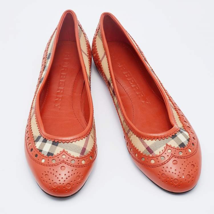 Pre Owned Burberry Multicolor Brogue Leather and Haymarket Check Canvas Tudor Ballet Flats Size 38