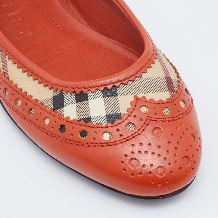Pre Owned Burberry Multicolor Brogue Leather and Haymarket Check Canvas Tudor Ballet Flats Size 38
