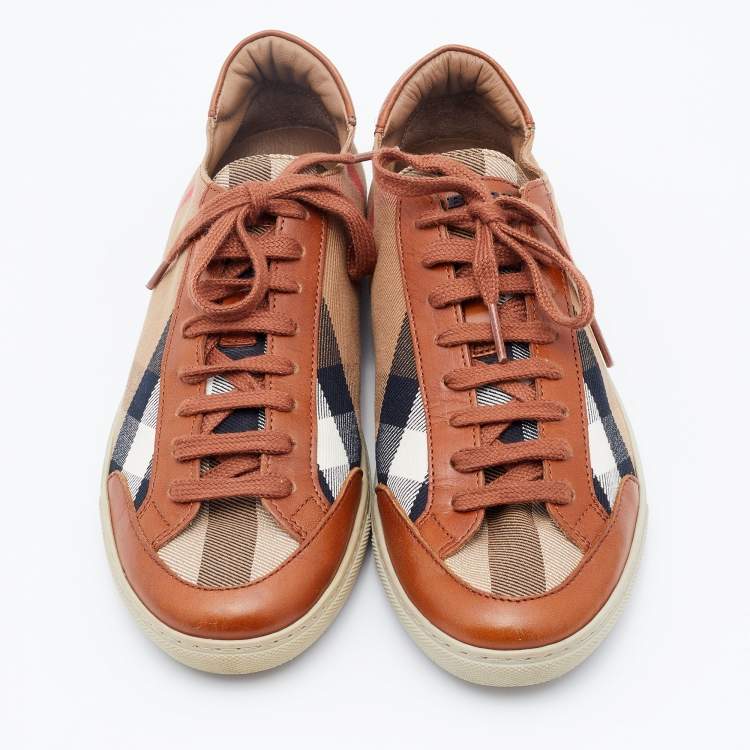Pre Owned Burberry Multicolor Leather and Nova Check Canvas Low Top Sneakers Size 37
