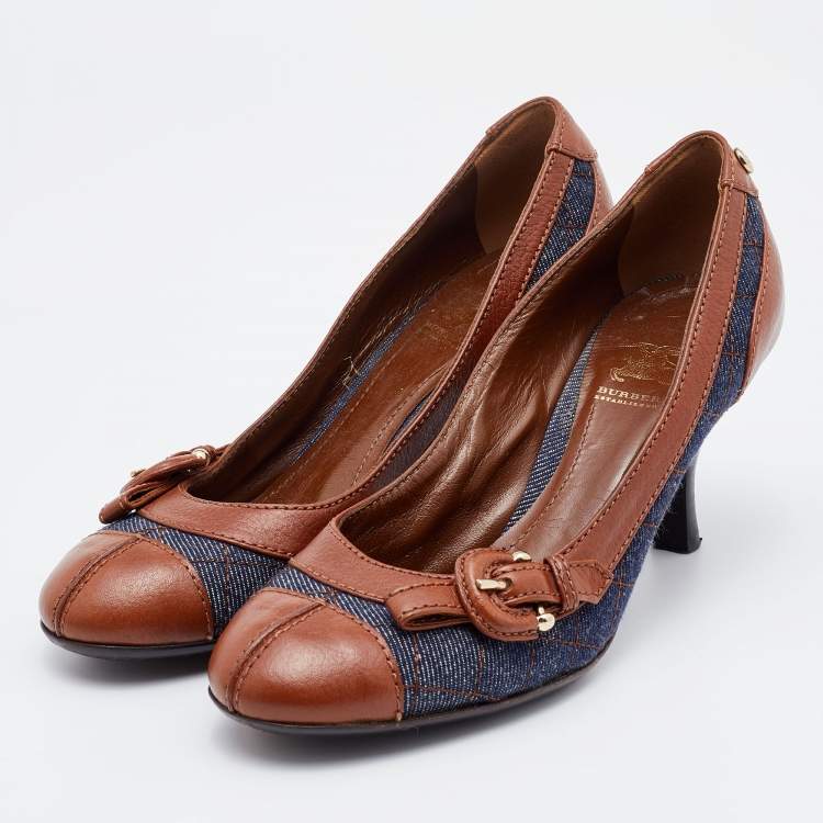 Pre Owned Burberry Brown/Blue Leather and Quilted Denim Buckle Detail Pumps Size 36
