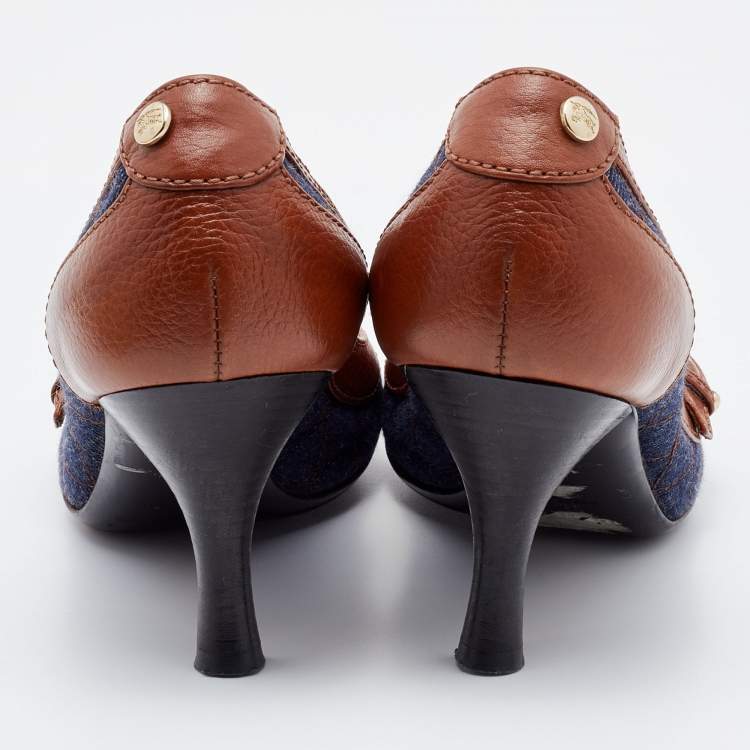 Pre Owned Burberry Brown/Blue Leather and Quilted Denim Buckle Detail Pumps Size 36