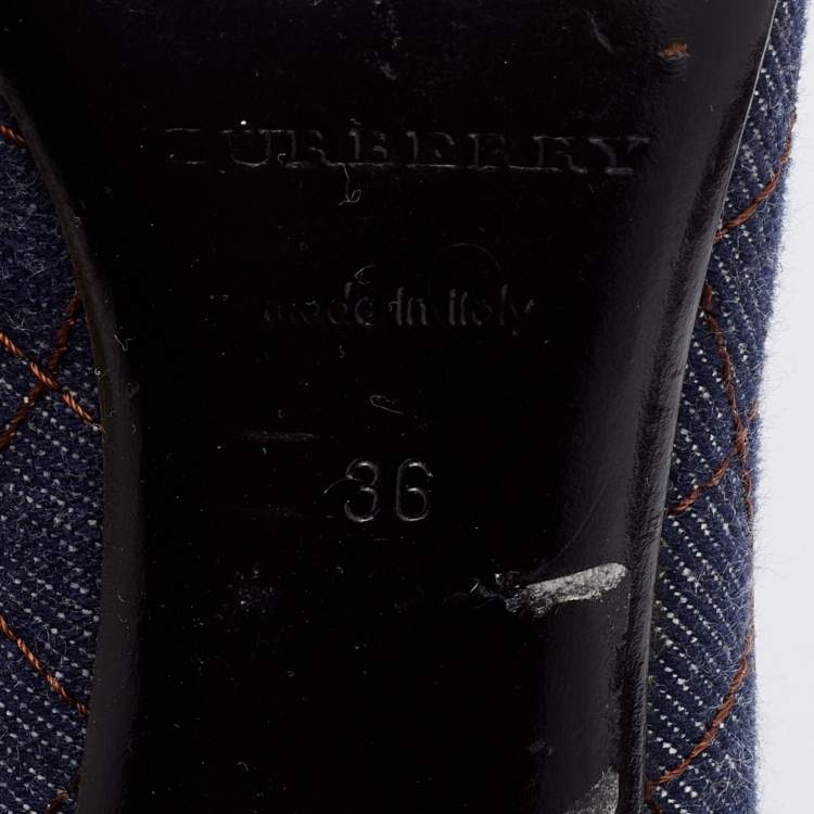 Pre Owned Burberry Brown/Blue Leather and Quilted Denim Buckle Detail Pumps Size 36