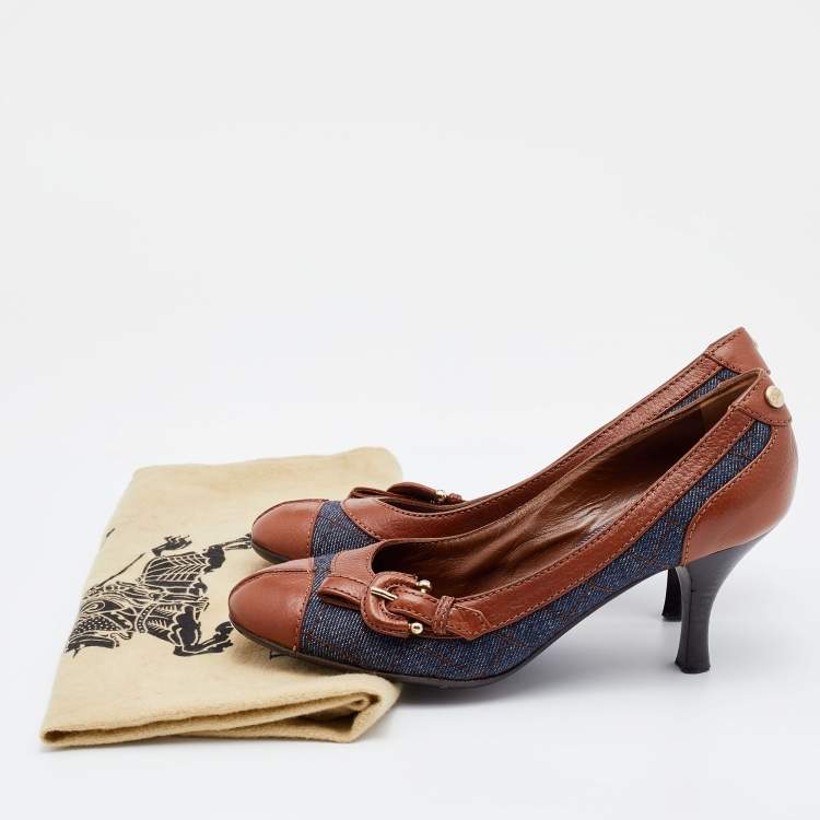 Pre Owned Burberry Brown/Blue Leather and Quilted Denim Buckle Detail Pumps Size 36