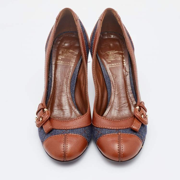 Pre Owned Burberry Brown/Blue Leather and Quilted Denim Buckle Detail Pumps Size 36