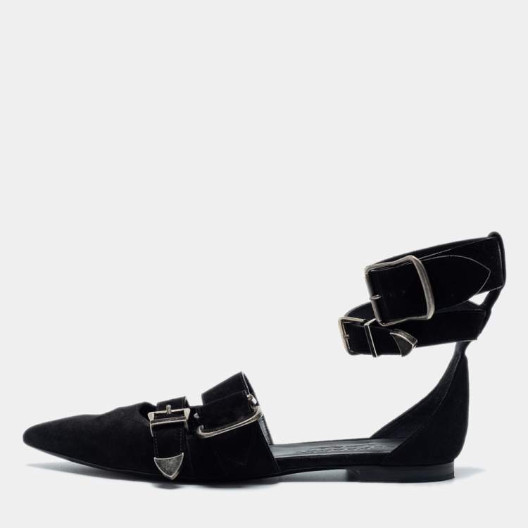 Pre Owned Burberry Black Suede Monroe Ankle Cuff Flats Size 38.5