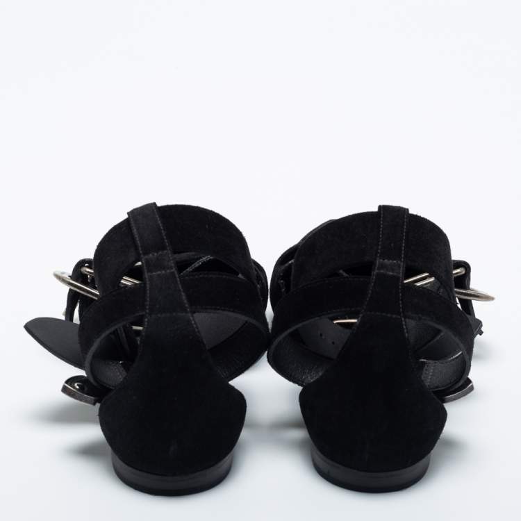 Pre Owned Burberry Black Suede Monroe Ankle Cuff Flats Size 38.5