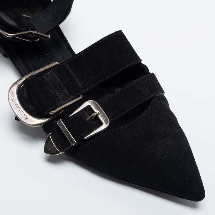 Pre Owned Burberry Black Suede Monroe Ankle Cuff Flats Size 38.5