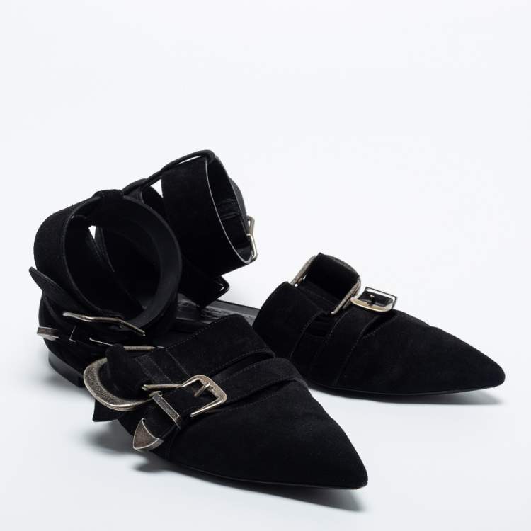 Pre Owned Burberry Black Suede Monroe Ankle Cuff Flats Size 38.5