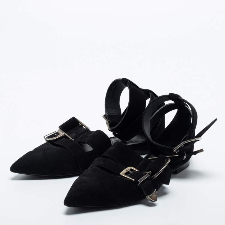 Pre Owned Burberry Black Suede Monroe Ankle Cuff Flats Size 38.5