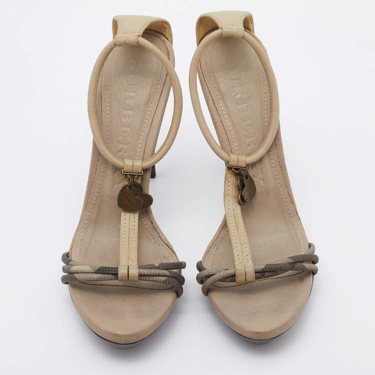 Pre Owned Burberry Multicolor Smoked Check Coated Canvas and Leather Ankle Strap Sandals Size 39
