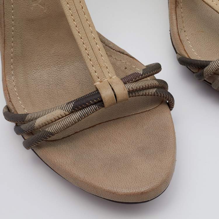 Pre Owned Burberry Multicolor Smoked Check Coated Canvas and Leather Ankle Strap Sandals Size 39