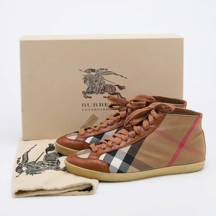 Pre Owned Burberry Brown/Beige House Check Canvas and Leather Montford Sneakers Size 38