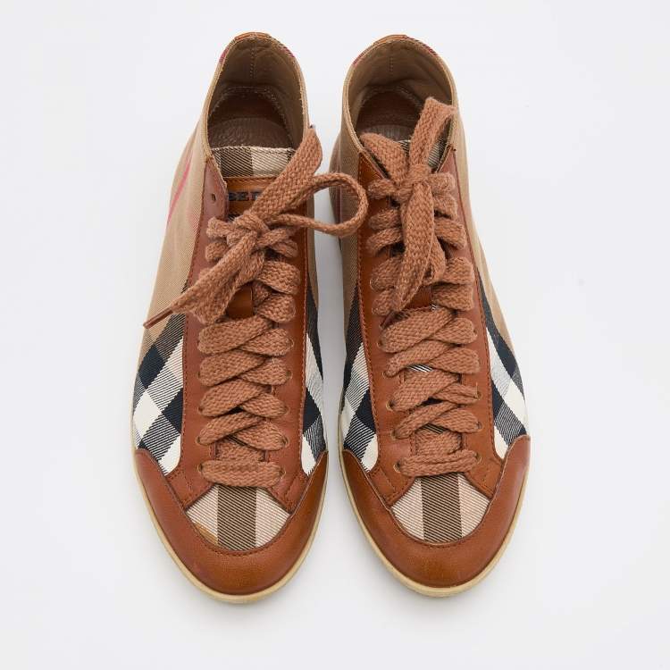 Pre Owned Burberry Brown/Beige House Check Canvas and Leather Montford Sneakers Size 38