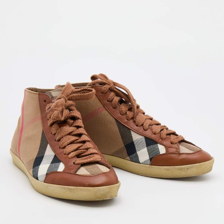 Pre Owned Burberry Brown/Beige House Check Canvas and Leather Montford Sneakers Size 38