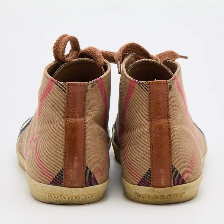Pre Owned Burberry Brown/Beige House Check Canvas and Leather Montford Sneakers Size 38