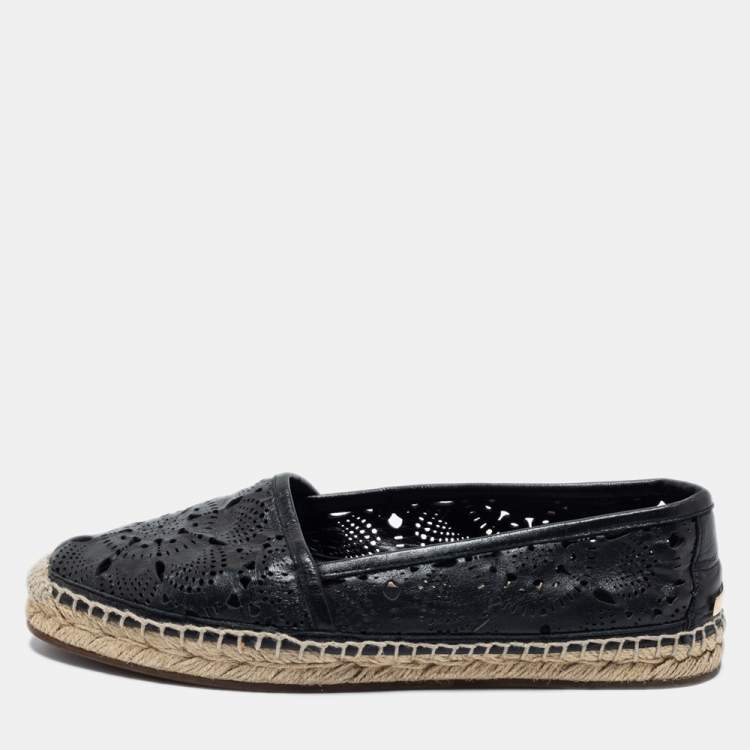 Pre Owned Burberry Black Laser Cut Leather Espadrille Flats Size 36