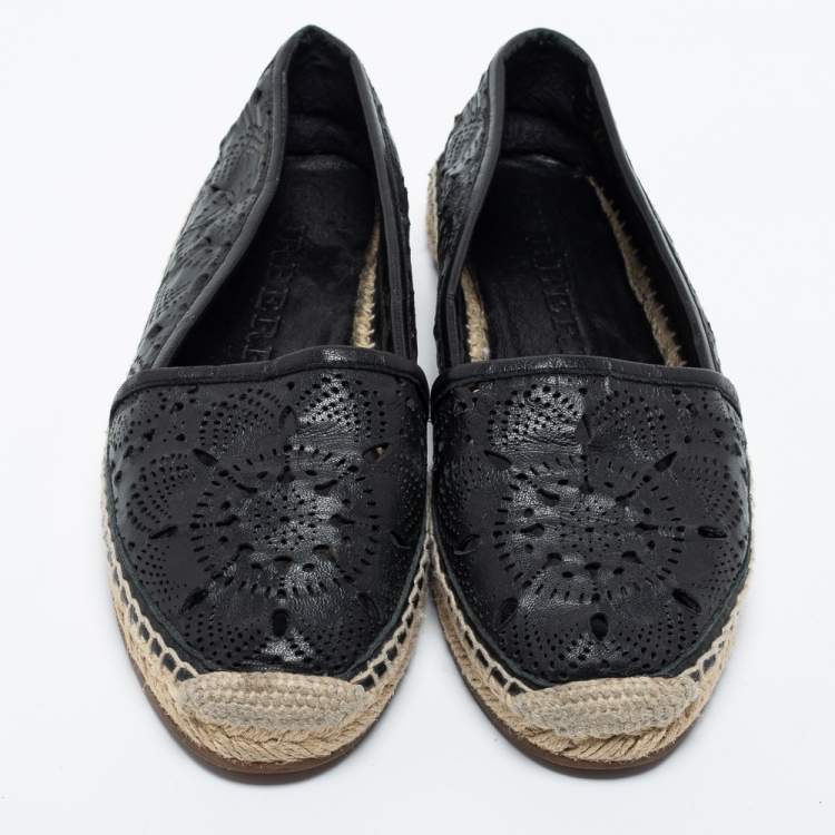 Pre Owned Burberry Black Laser Cut Leather Espadrille Flats Size 36