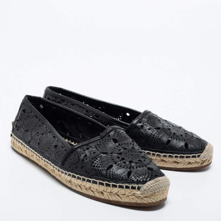 Pre Owned Burberry Black Laser Cut Leather Espadrille Flats Size 36