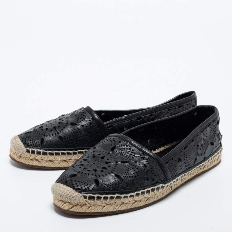 Pre Owned Burberry Black Laser Cut Leather Espadrille Flats Size 36