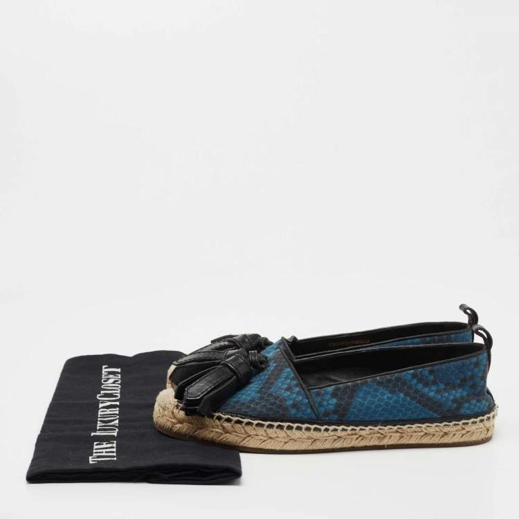 Pre Owned Burberry Blue/Black Snake Print Canvas and Leather Tassel Espadrilles Size 36