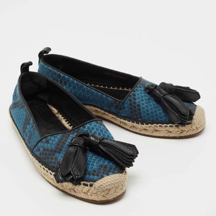 Pre Owned Burberry Blue/Black Snake Print Canvas and Leather Tassel Espadrilles Size 36