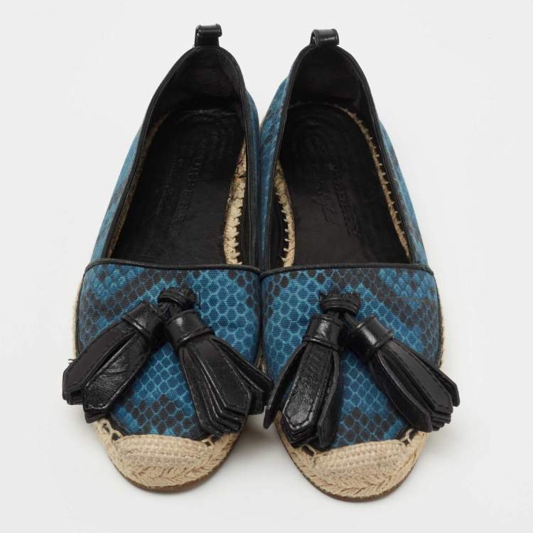 Pre Owned Burberry Blue/Black Snake Print Canvas and Leather Tassel Espadrilles Size 36