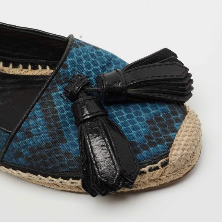 Pre Owned Burberry Blue/Black Snake Print Canvas and Leather Tassel Espadrilles Size 36