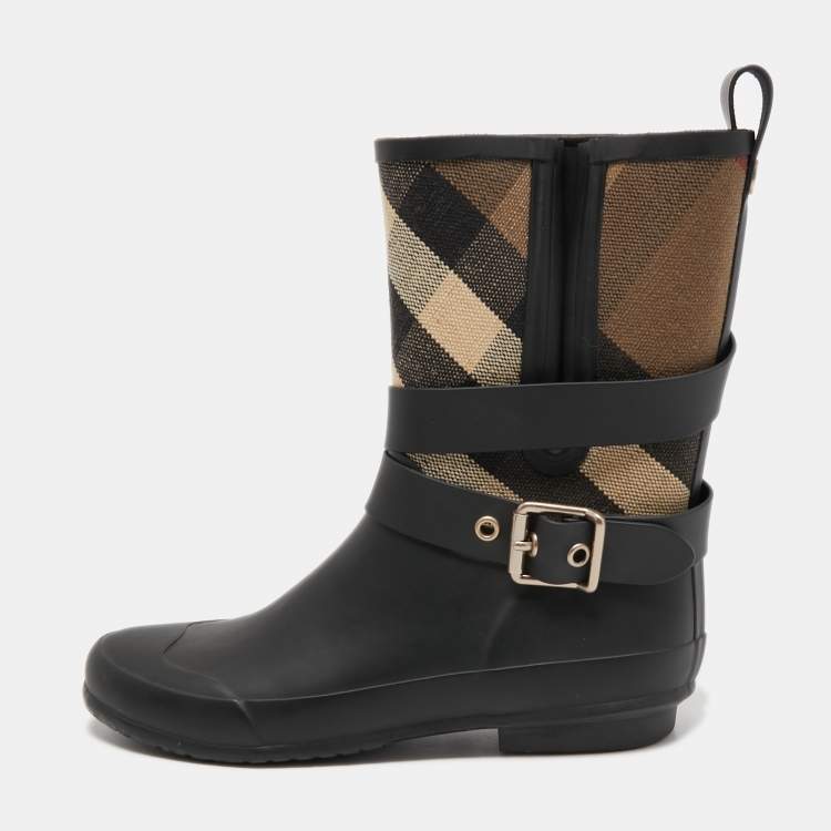 Pre Owned Burberry Black  Rubber and House Check Canvas Rain Boots Size 38