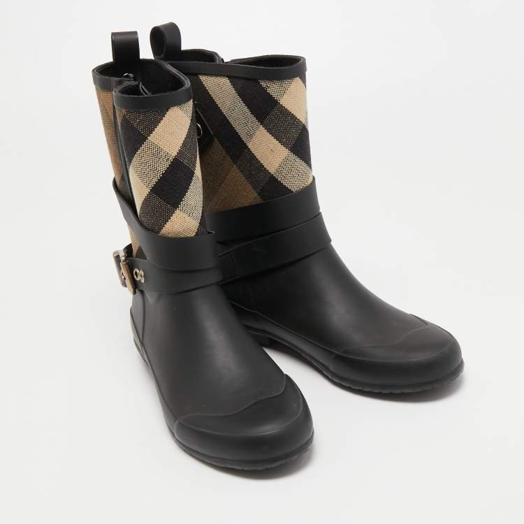 Pre Owned Burberry Black  Rubber and House Check Canvas Rain Boots Size 38