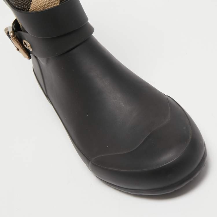 Pre Owned Burberry Black  Rubber and House Check Canvas Rain Boots Size 38