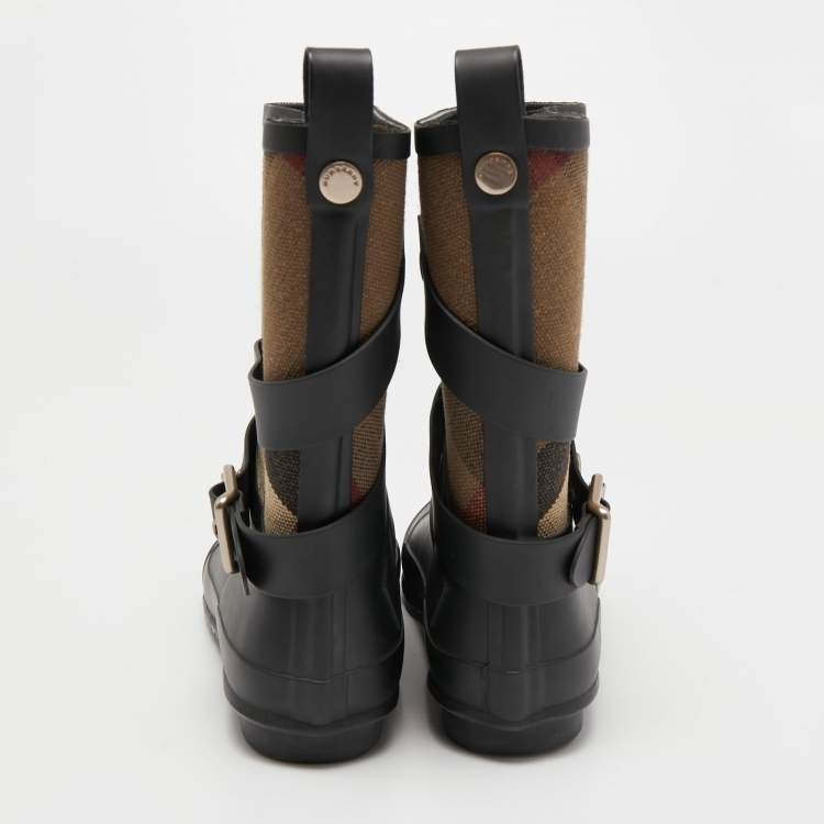 Pre Owned Burberry Black  Rubber and House Check Canvas Rain Boots Size 38