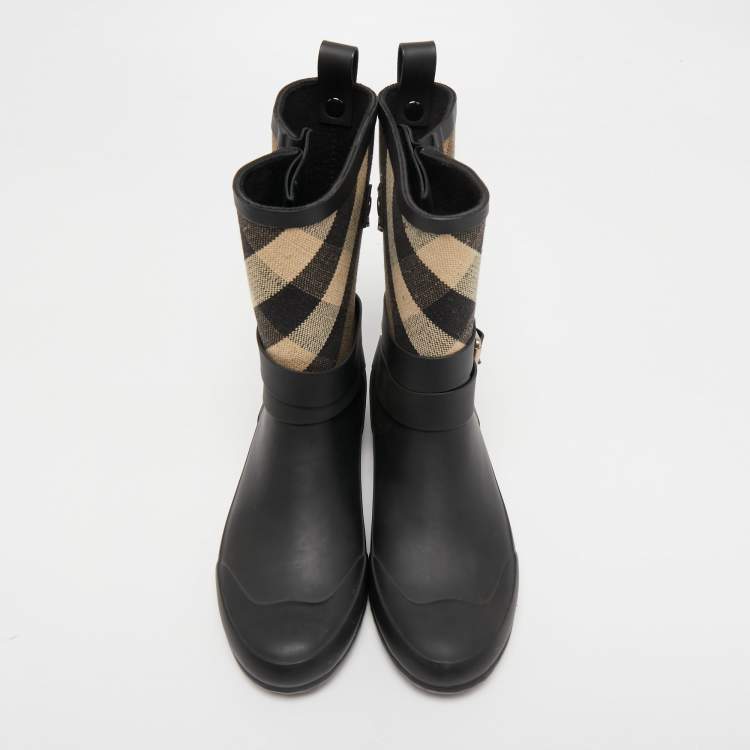 Pre Owned Burberry Black  Rubber and House Check Canvas Rain Boots Size 38