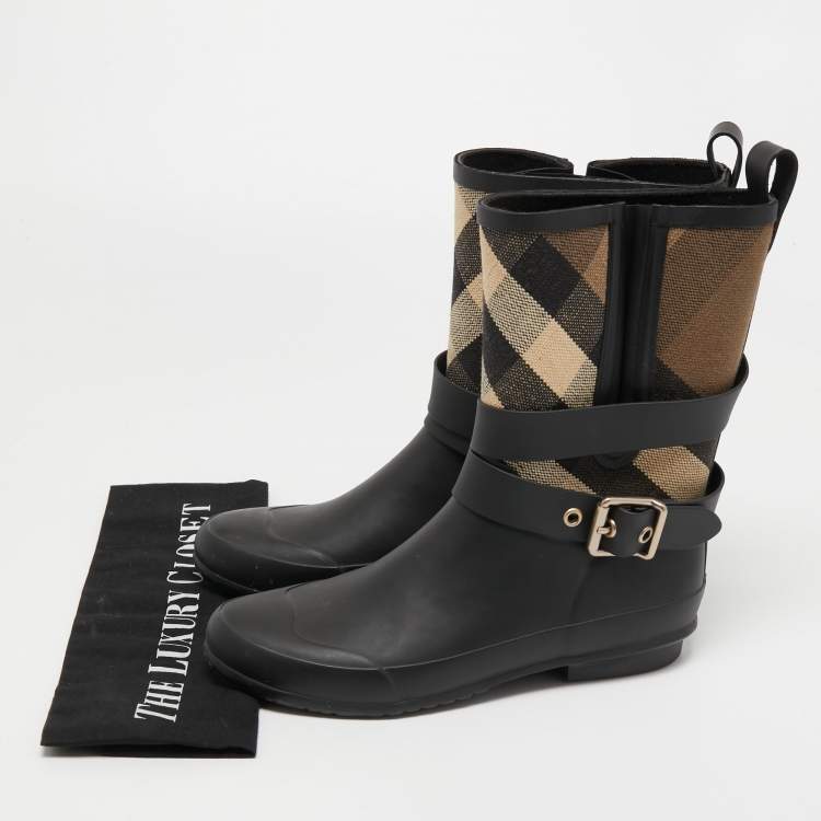 Pre Owned Burberry Black  Rubber and House Check Canvas Rain Boots Size 38