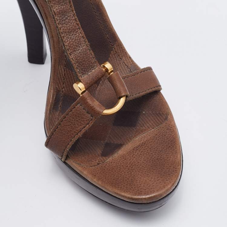 Pre Owned Burberry Brown Leather Ankle Strap Platform Sandals Size 37