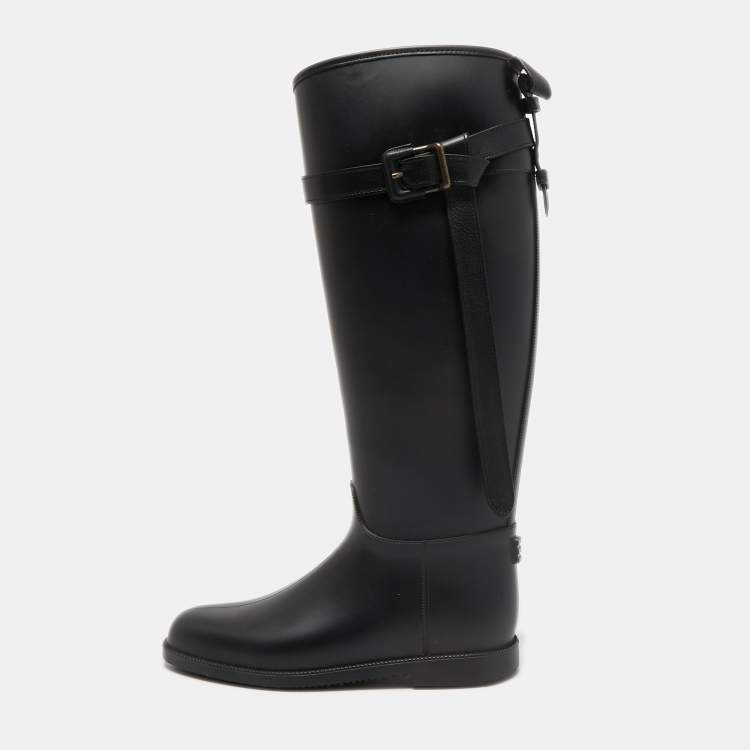 Pre Owned Burberry Black Rubber Belted Equestrian Rain Boots Size 38