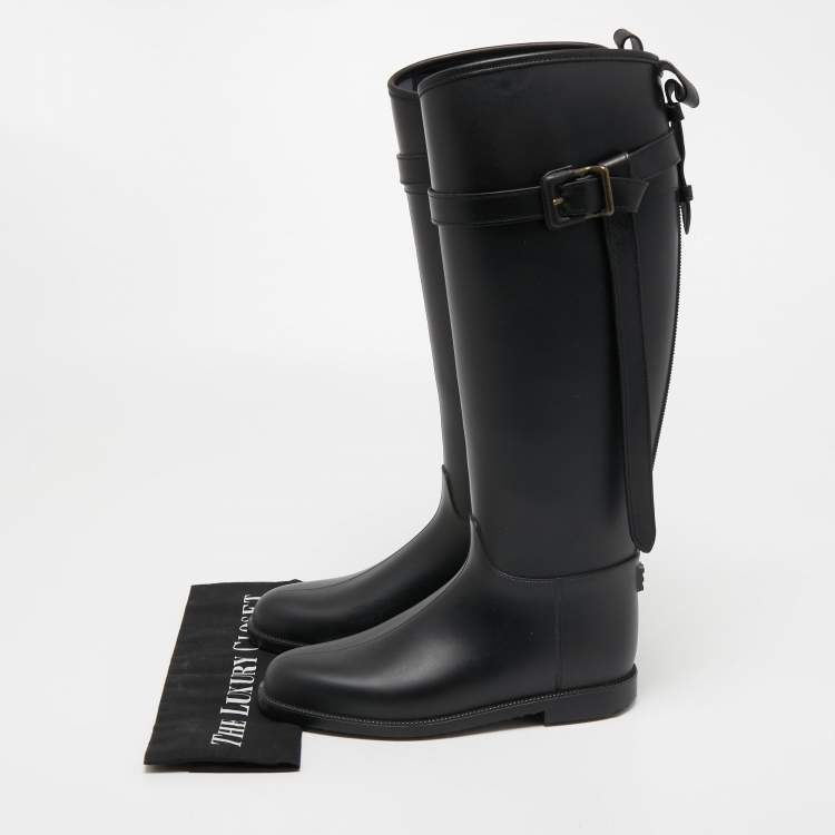 Pre Owned Burberry Black Rubber Belted Equestrian Rain Boots Size 38