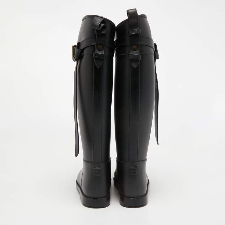 Pre Owned Burberry Black Rubber Belted Equestrian Rain Boots Size 38