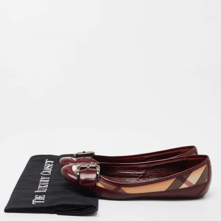 Pre Owned Burberry Burgundy Leather and Nova Check Canvas Buckle Ballet Flats Size 37.5