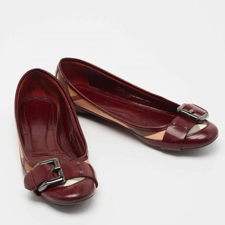 Pre Owned Burberry Burgundy Leather and Nova Check Canvas Buckle Ballet Flats Size 37.5