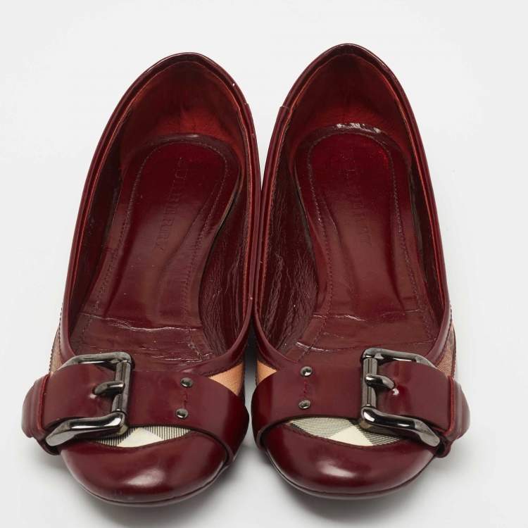 Pre Owned Burberry Burgundy Leather and Nova Check Canvas Buckle Ballet Flats Size 37.5