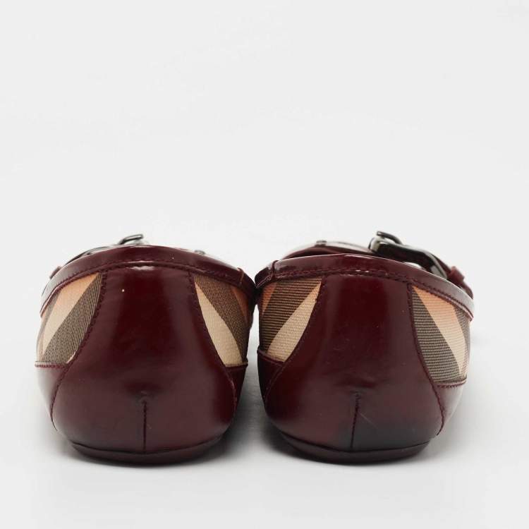 Pre Owned Burberry Burgundy Leather and Nova Check Canvas Buckle Ballet Flats Size 37.5