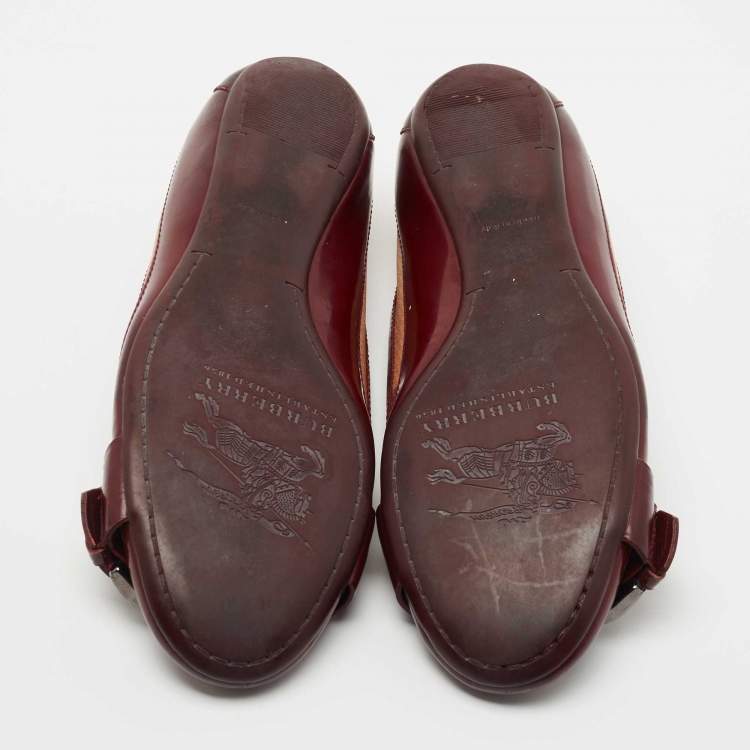 Pre Owned Burberry Burgundy Leather and Nova Check Canvas Buckle Ballet Flats Size 37.5