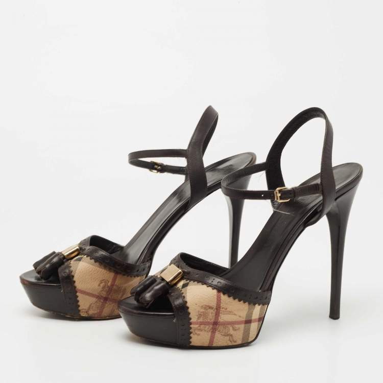 Pre Owned Burberry Brown/Beige Leather and Nova Check Canvas Platform Ankle Strap Sandals Size 41