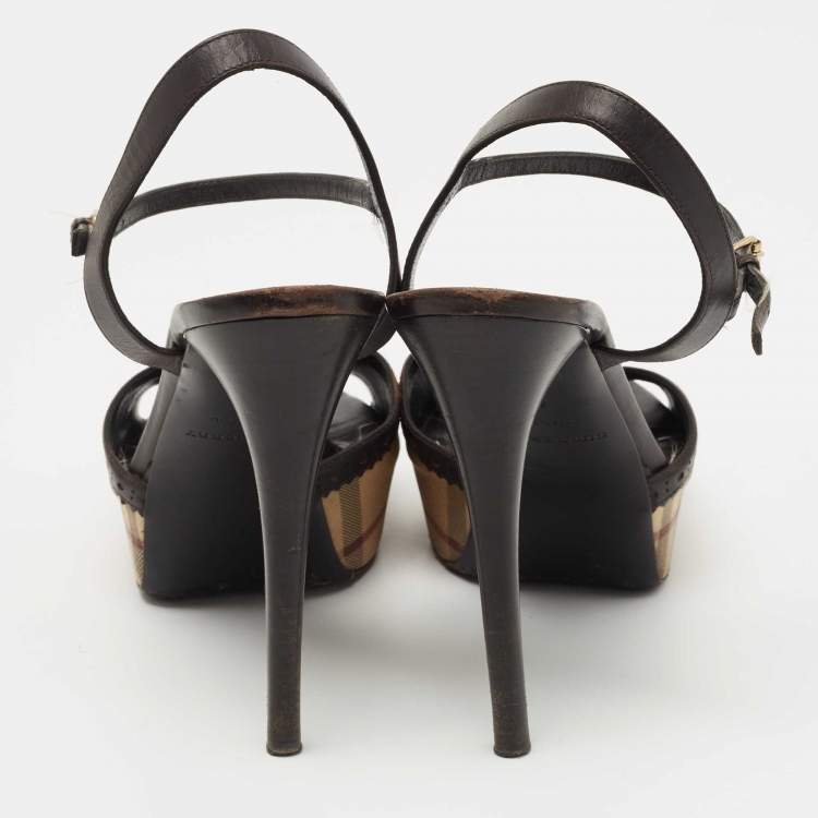 Pre Owned Burberry Brown/Beige Leather and Nova Check Canvas Platform Ankle Strap Sandals Size 41