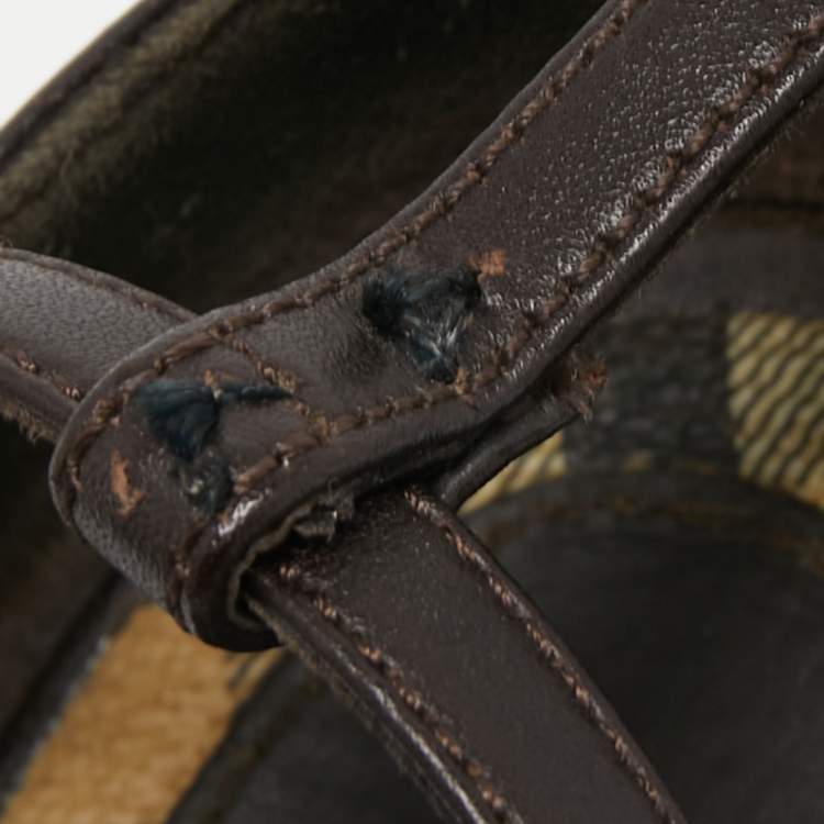Pre Owned Burberry Dark Brown Leather Ankle Strap Sandals Size 36
