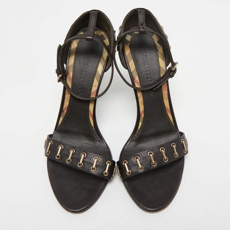 Pre Owned Burberry Dark Brown Leather Ankle Strap Sandals Size 36