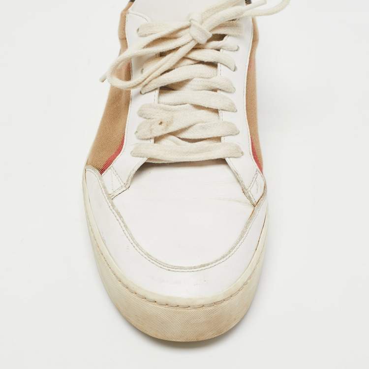 Pre Owned Burberry White Leather and House Check Canvas Low Top Sneakers Size 39.5