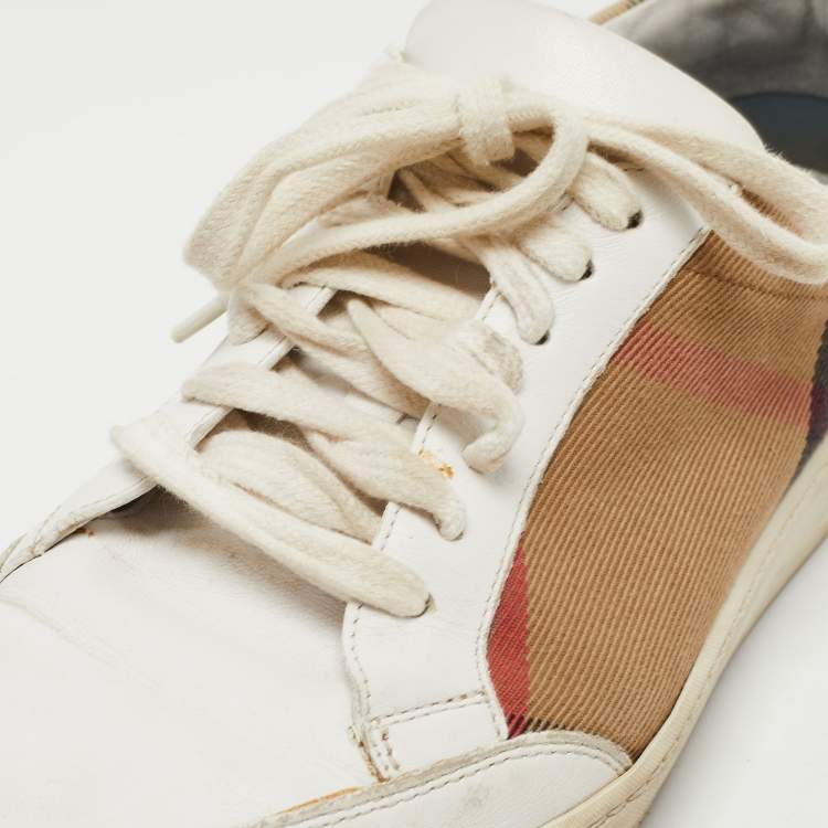 Pre Owned Burberry White Leather and House Check Canvas Low Top Sneakers Size 39.5